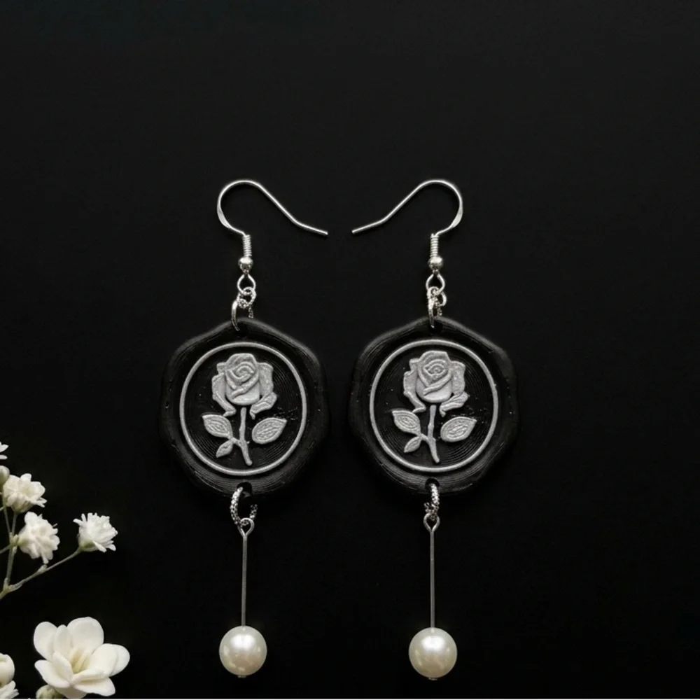 Black & Silver Rose Postage Stamp Earrings with Pearl Drop